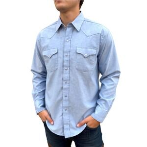 Vntg Panhandle Slim Ranch and Town Western Pearl Snap Shirt Light Blue 17x34 XL